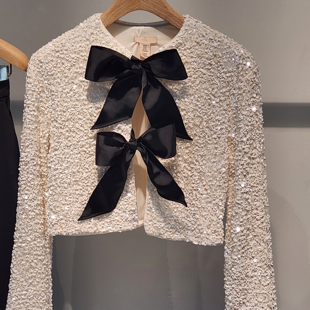 H&M Tie-front Sequined Jacket Off White/black bow sz S, M. BNWT - Picture 2 of 10